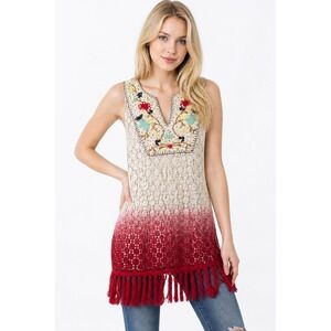 Boho Crochet Lace Tunic Top L Cotton Embroidered Fringe Ombre Floral Hippie Fun